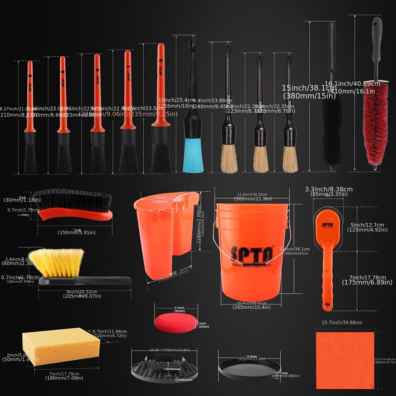 SPTA 33Pcs Kit de cubo/brochas para detailing, 20L Cubo de Detallado Libre de Rayaduras