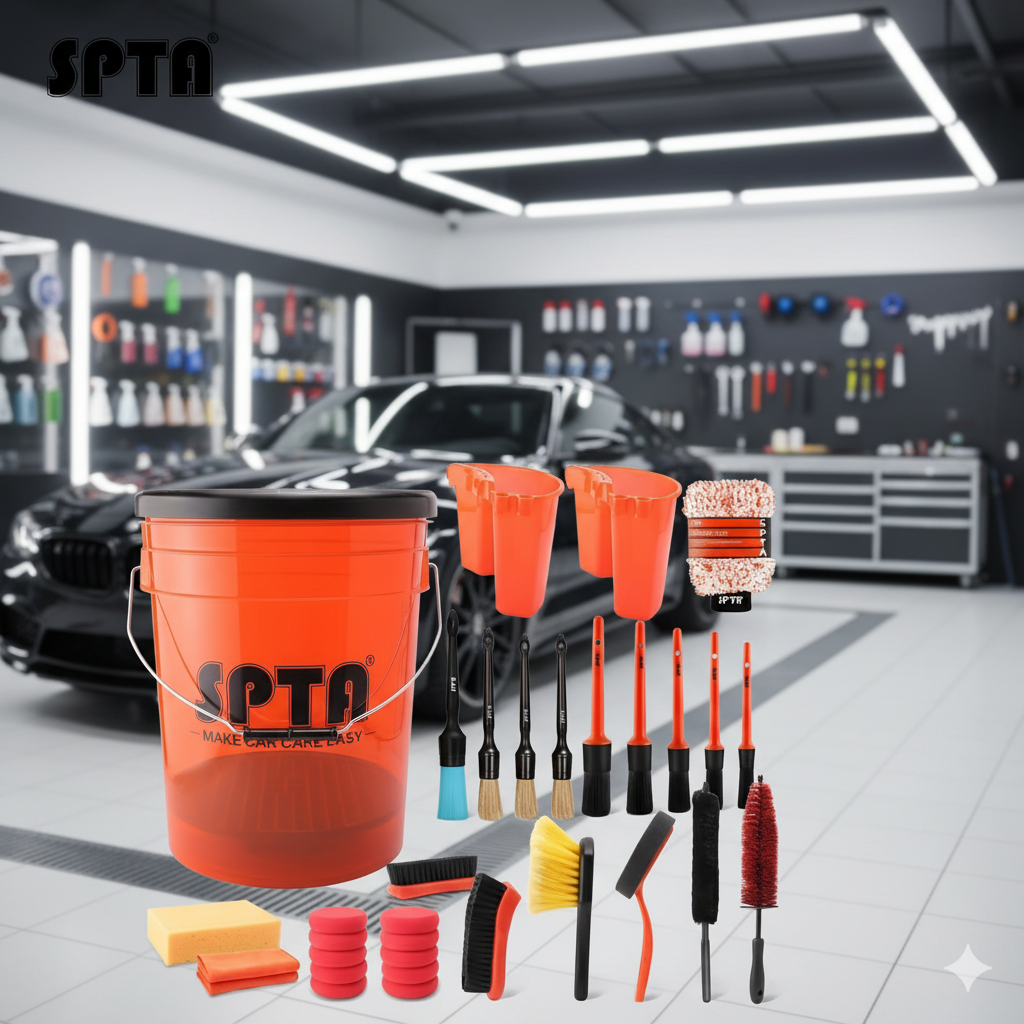 SPTA 33Pcs Kit de cubo/brochas para detailing, 20L Cubo de Detallado Libre de Rayaduras