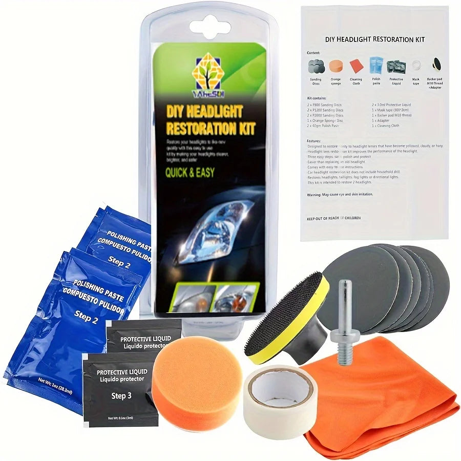 DIY Headlight Restoration Kit - Removes Scratches, Haze & Yellowing - Car Light Polisher & Refurbish Agent - Car Paint Care Solu