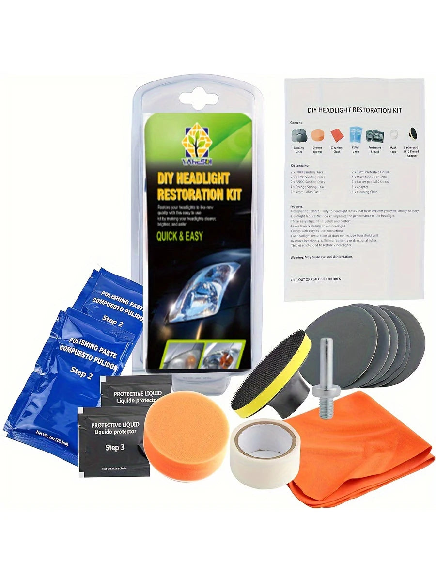 DIY Headlight Restoration Kit - Removes Scratches, Haze & Yellowing - Car Light Polisher & Refurbish Agent - Car Paint Care Solu